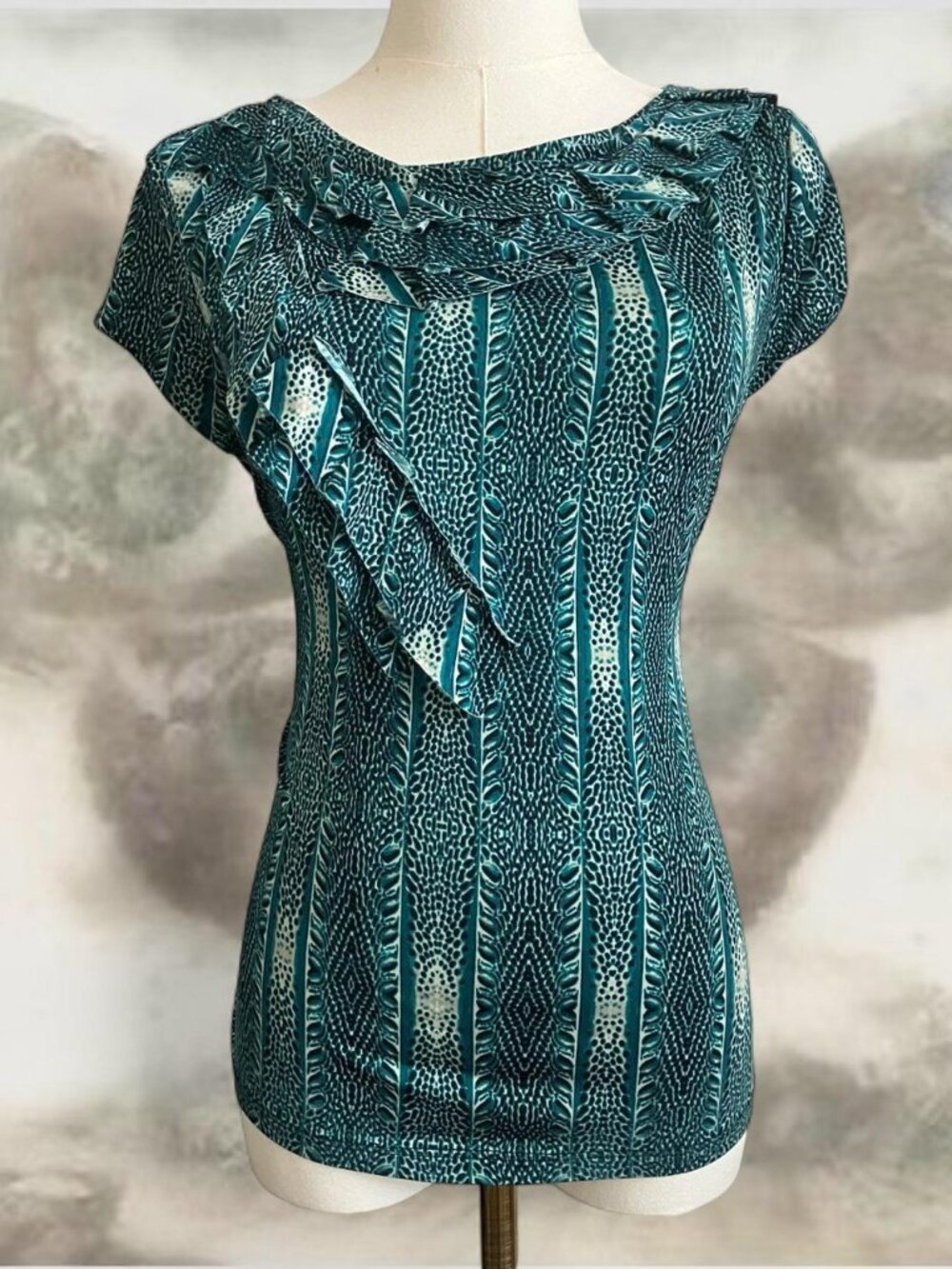 Y2K Worthington Teal Abstract Striped Ruched Cap Sleeve Top Size Petite Medium